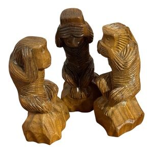 Hand Carved 3 Wise Monkeys Wooden Hear No Evil See No Evil Speak No Evil Tiki